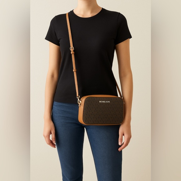 Michael Kors Jet Set Travel Camera Crossbody | Brown MK Logo Canvas - Picture 1 of 12